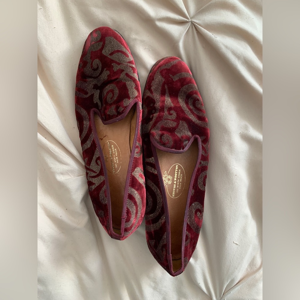 Stubbs & Wootton Red/Gold Velvet Flats, Size 8
